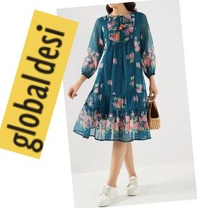 global desi Green Foral A-Line Dress Made in India Size M